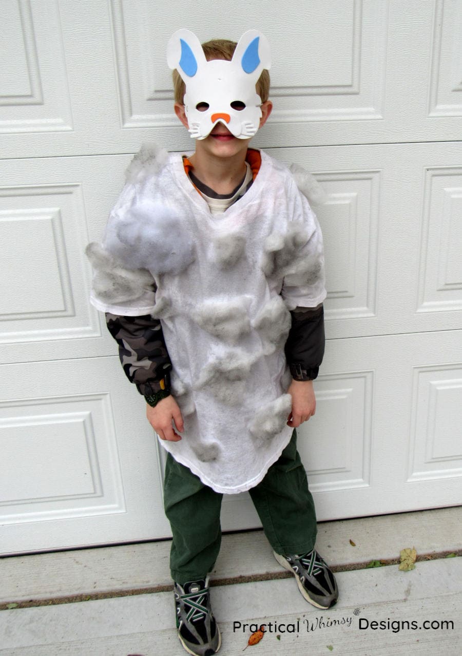 Little boy standing wearing dust bunny costume 