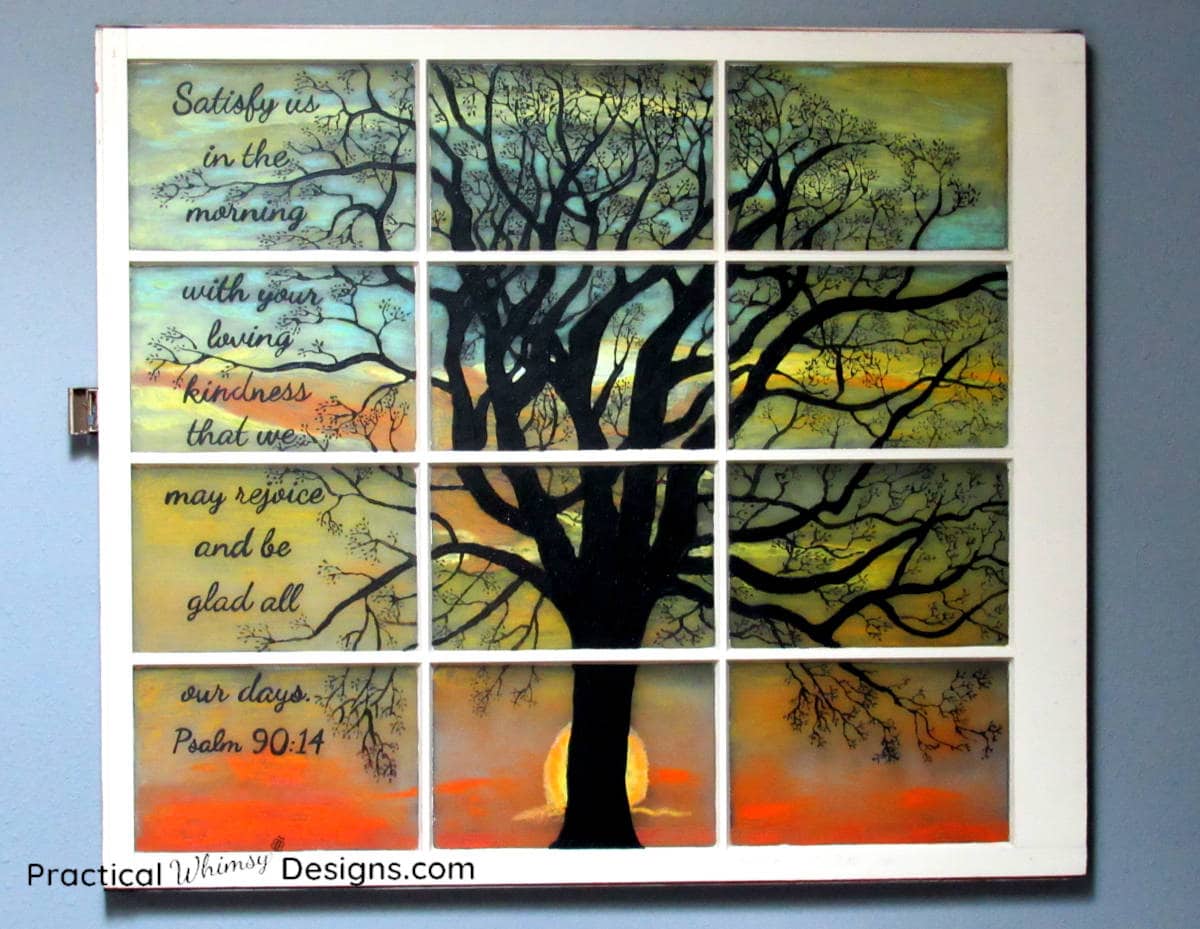 Tree silhouette and verse on sunrise painting.