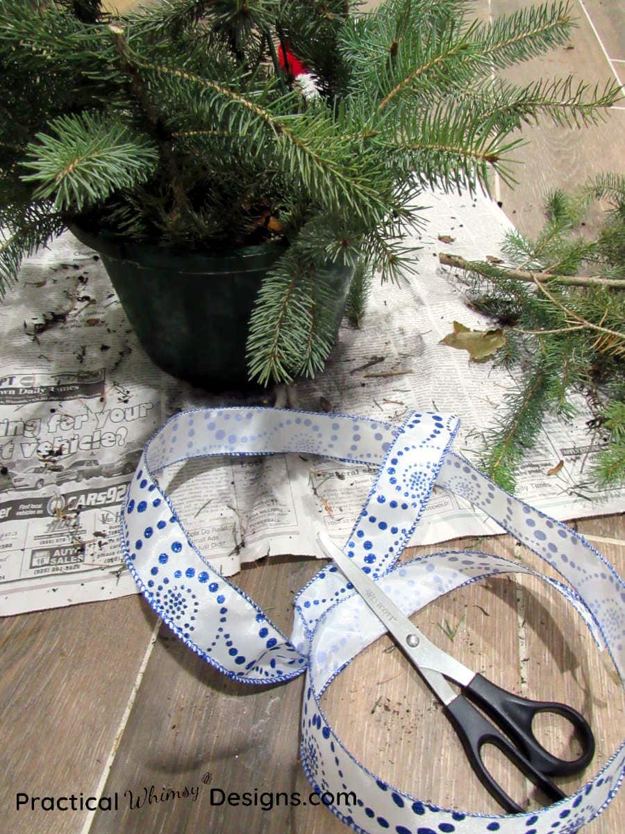 Pine basket with ribbon and scissors next to it