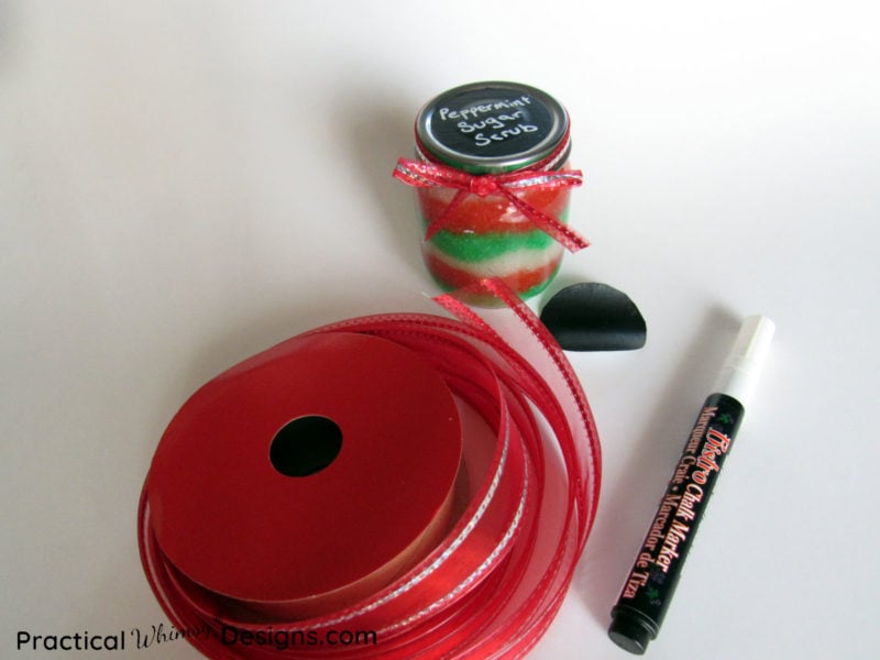 Ribbon, labels, and marker, to label peppermint sugar scrub