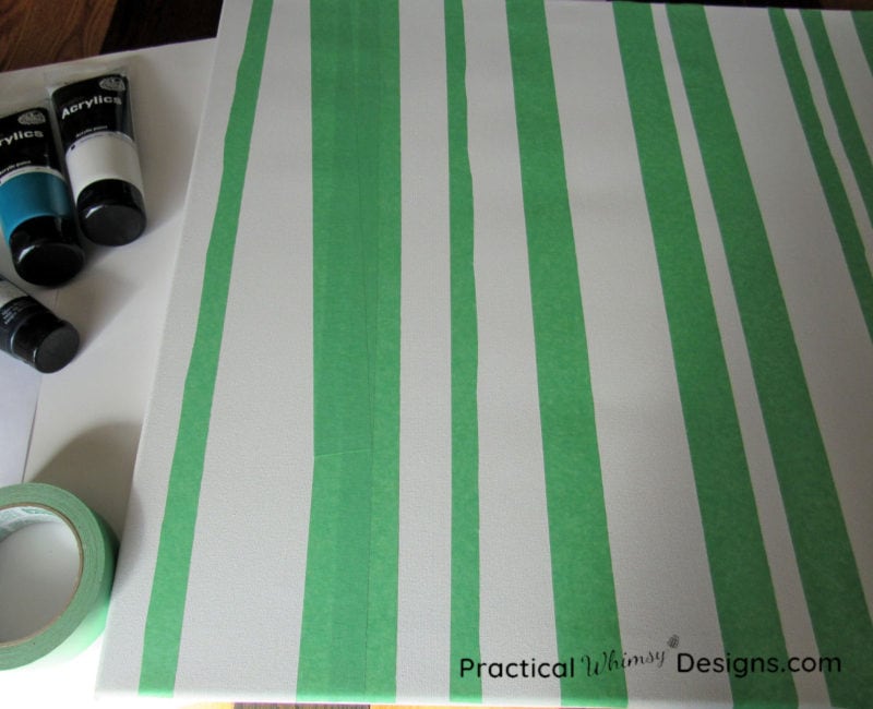 Painters tape on canvas for birch tree painting