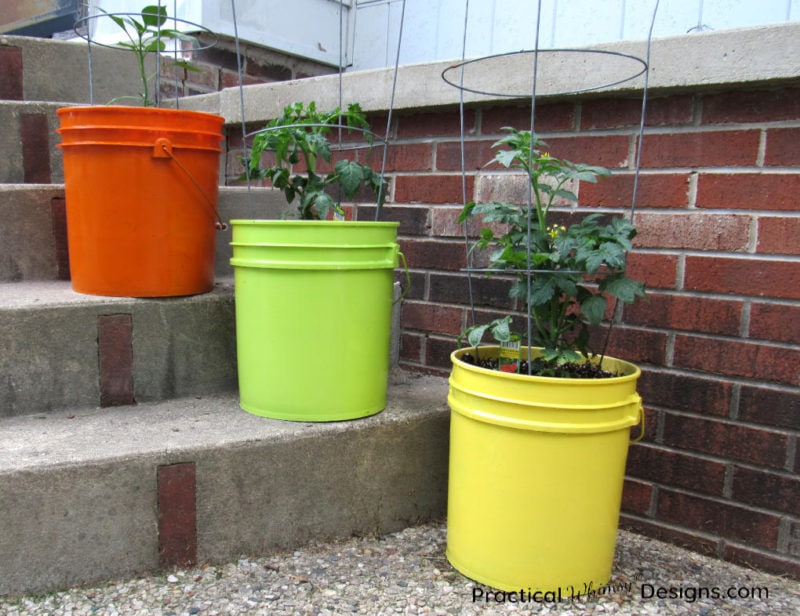 5 gallon bucket planters on stairs