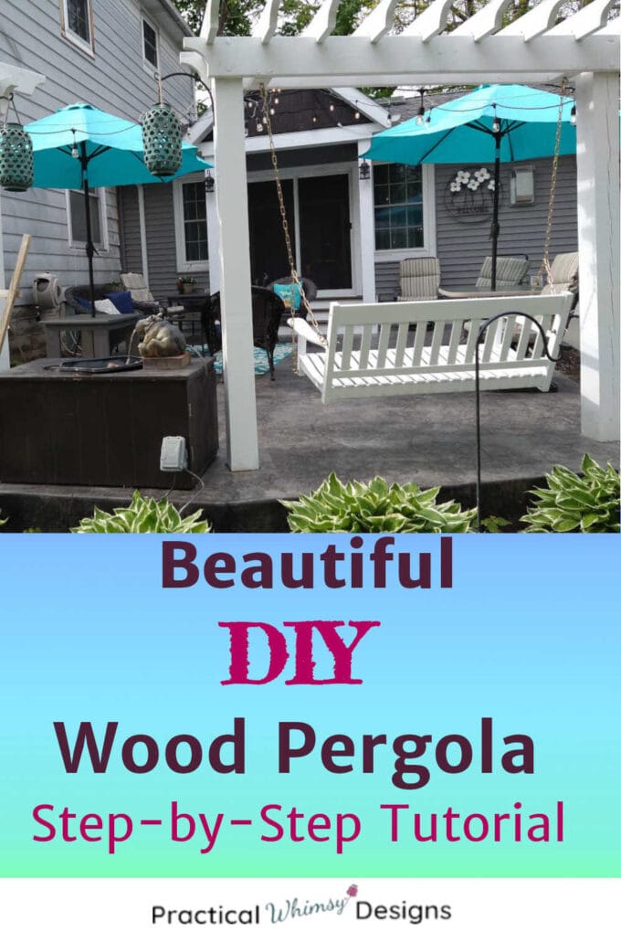 DIY Wooden pergolas for swings on patio with teal umbrellas