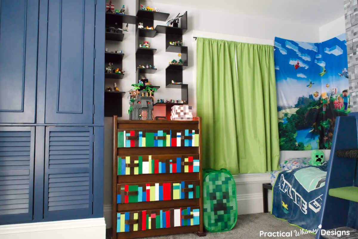 Built in cabinet, faux book shelf dresser and, minecraft themed decor in boys room