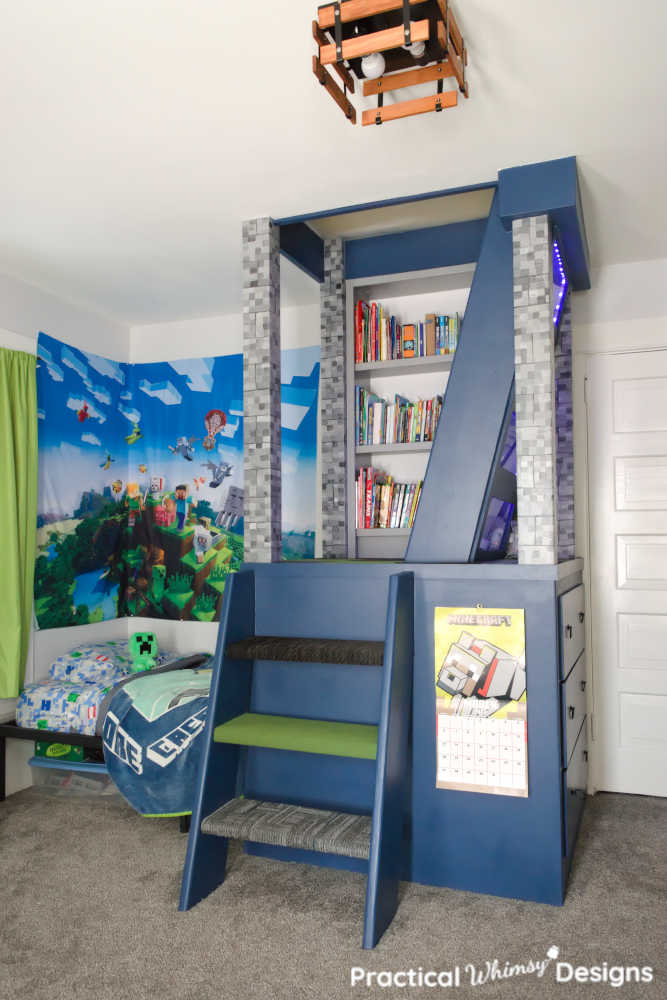 Built in stairs in minecraft themed video game bedroom