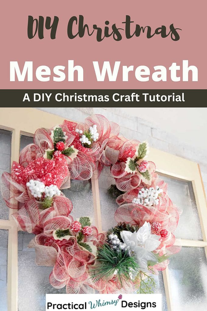 DIY Christmas mesh wreath hanging on window.