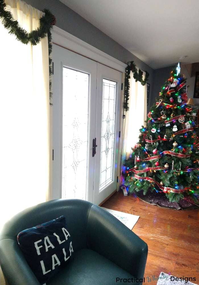 Christmas tree and DIY pinecone curtains.