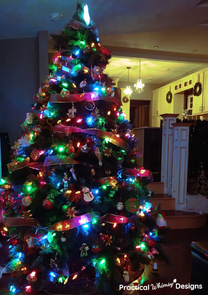 Lit Christmas tree in family room