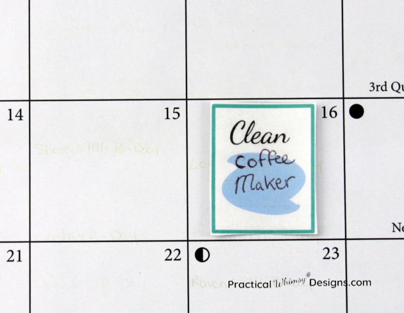 Printable cleaning reminder label on calendar