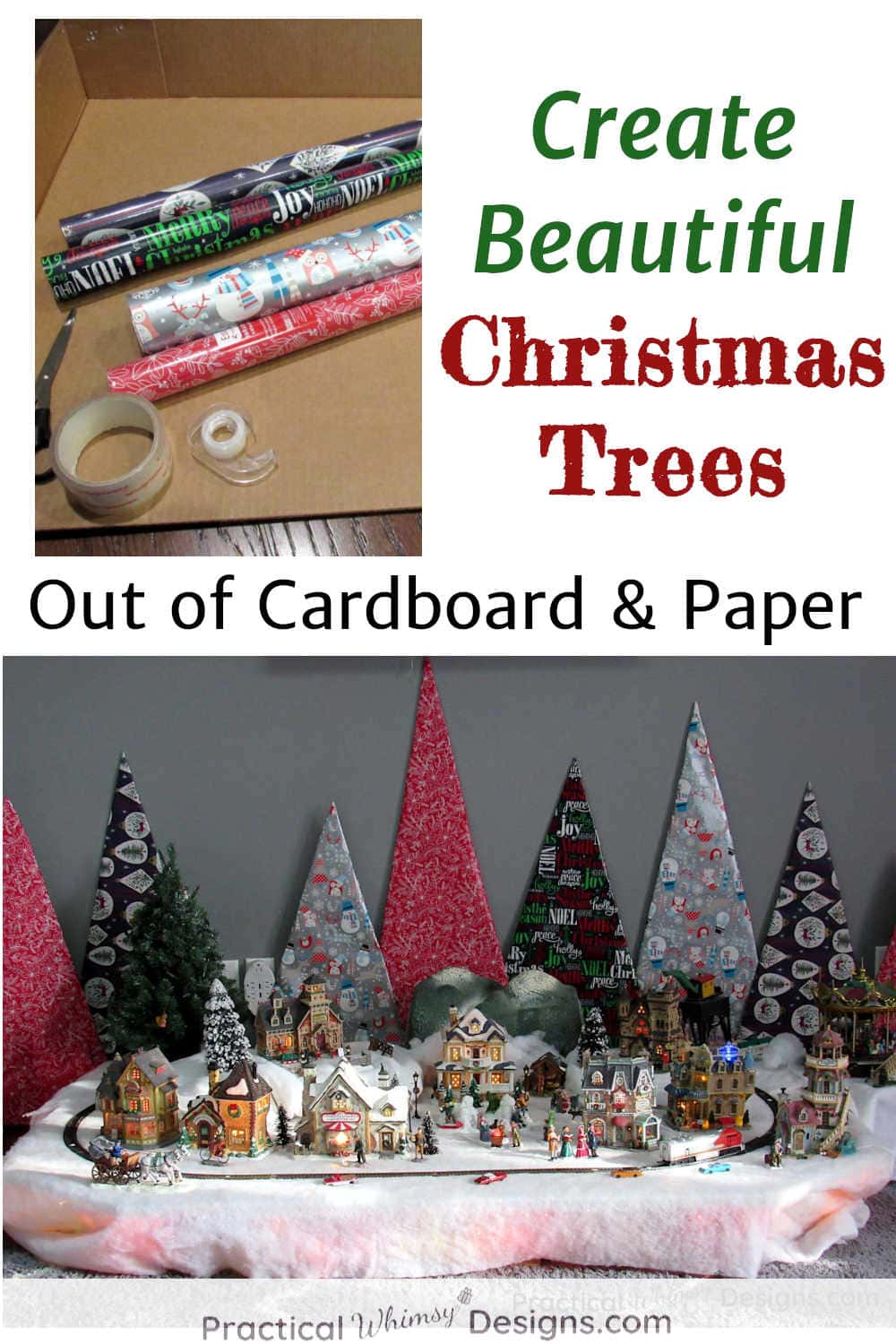 Cardboard Christmas Trees behind Christmas village