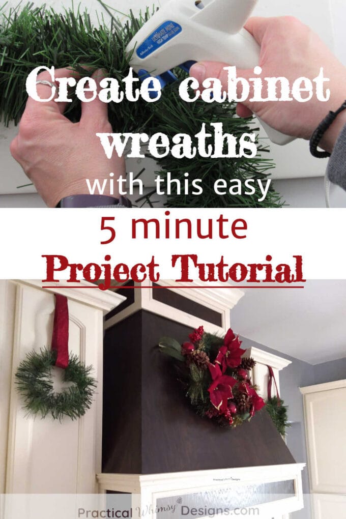 hands creating cabinet wreaths and mini wreaths hanging on cabinets