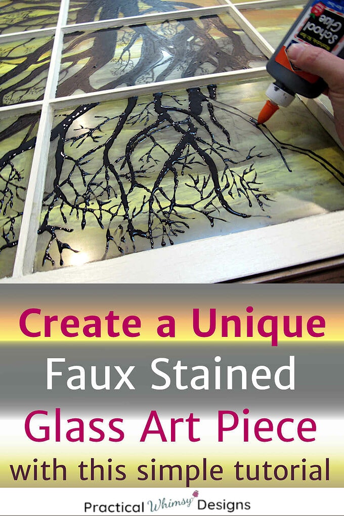 Glue painting a faux stained glass window art silhouette of a tree.