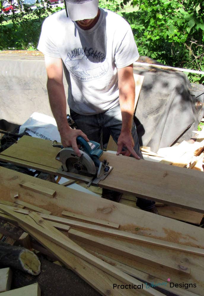 Cutting trellis boards with circular saw.