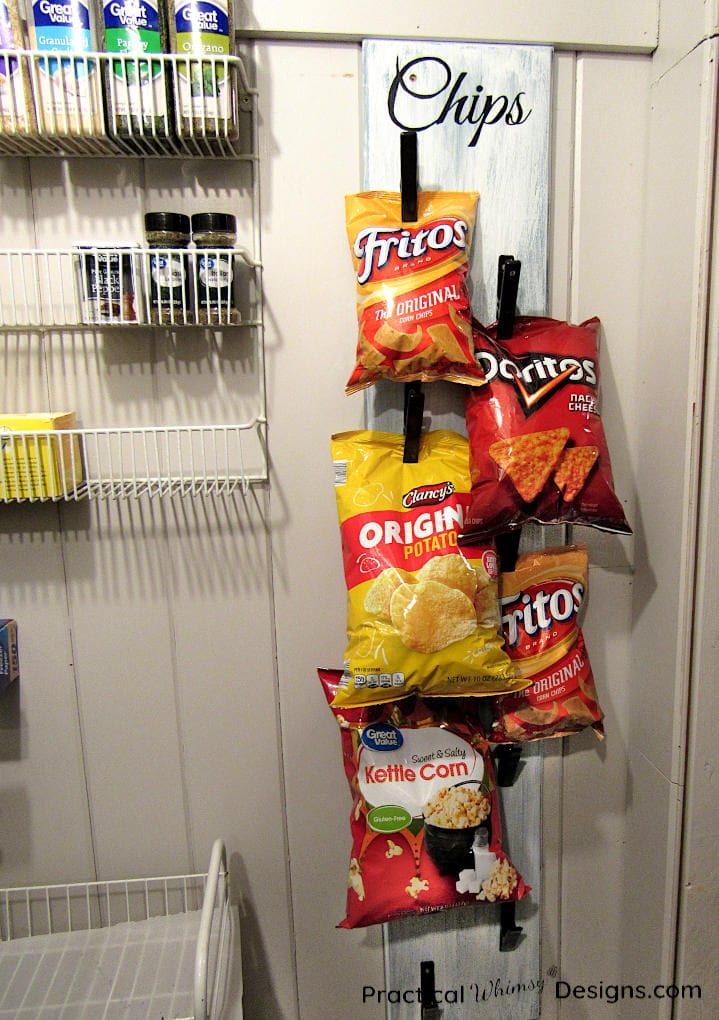 DIY Chip Storage Rack Hanging in Pantry