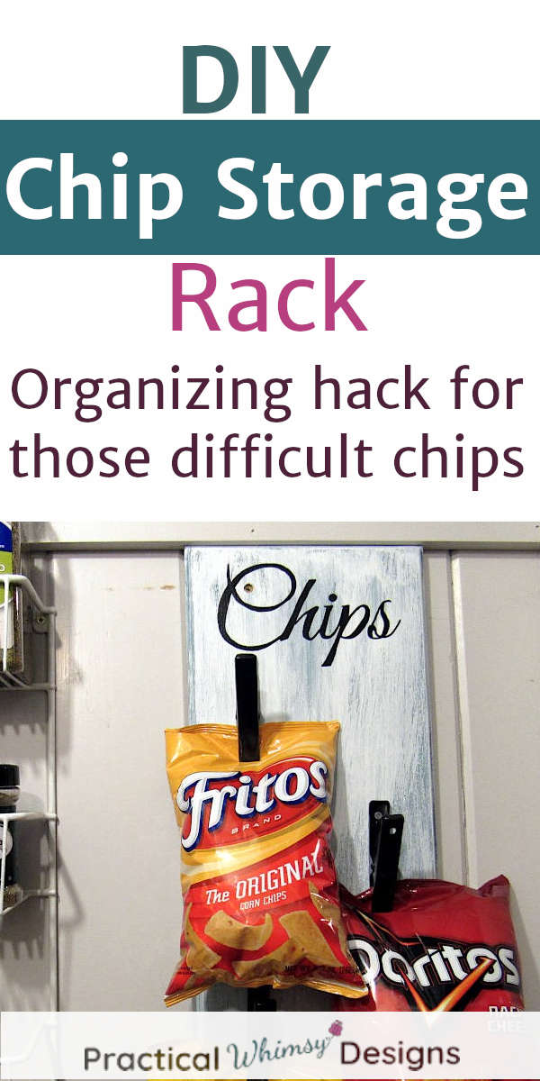 DIY Chip Storage Rack with chips hanging on it