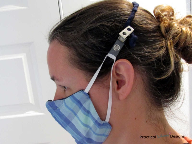 Lady wearing mask and DIY Ear saver