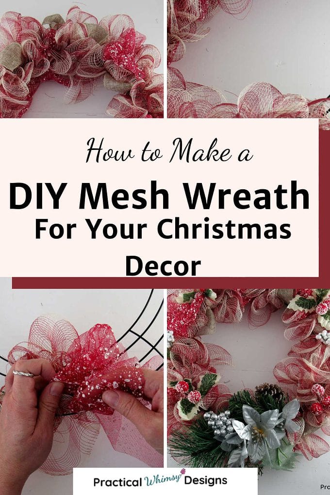 A collage of the process of making a DIY mesh Christmas wreath.