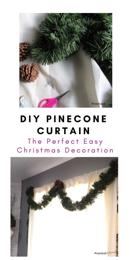 DIY pinecone curtain for Christmas decorating.
