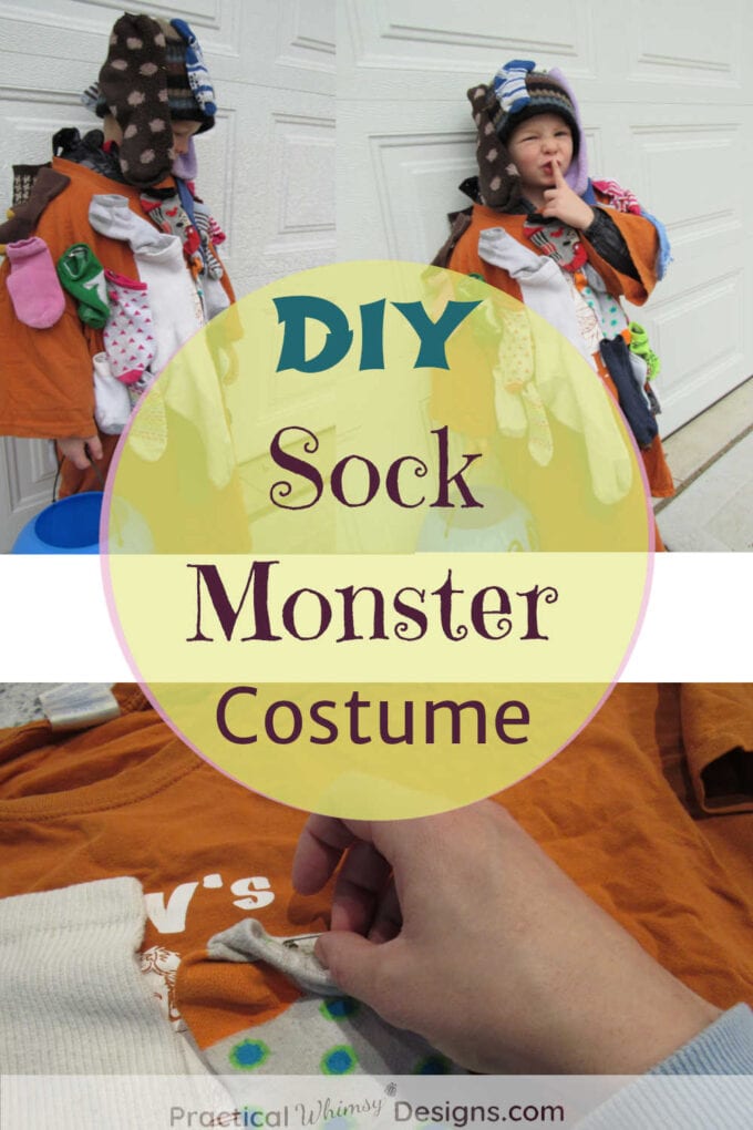 Little boy wearing DIY sock monster costume.