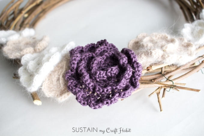 Mulberry branch wreath with crocheted flowers