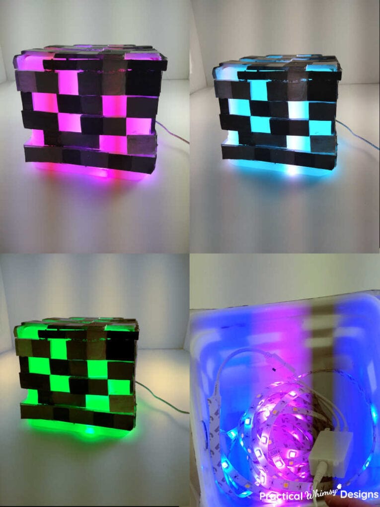 DIY Video game light displaying different shades of colored light from the LED tape light inside.