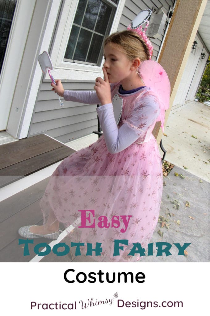 Girl dressed in easy tooth fairy costume climbing up steps.