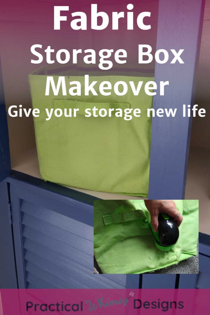 Fabric storage box makeover, Green fabric box sitting on shelf