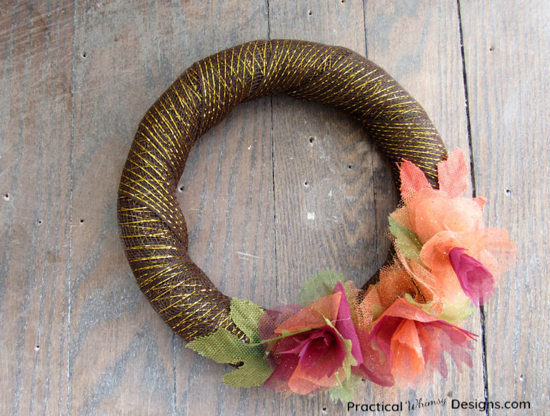 Brown mesh simple DIY fall wreath with flowers