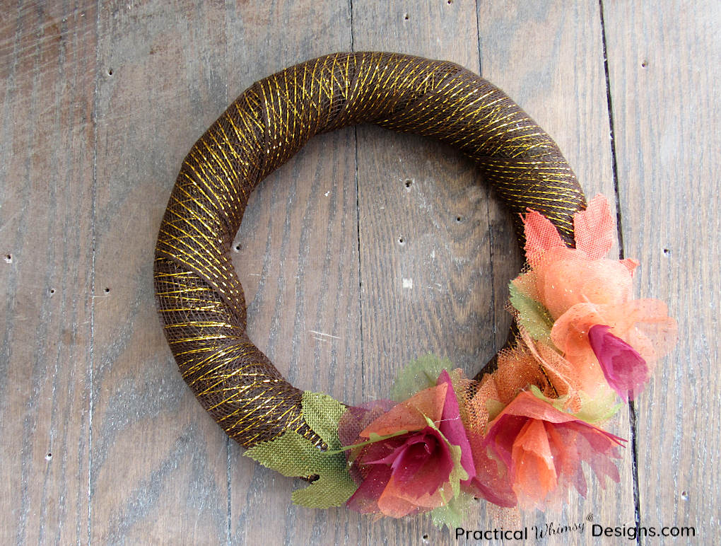 Brown mesh DIY fall wreath with flowers