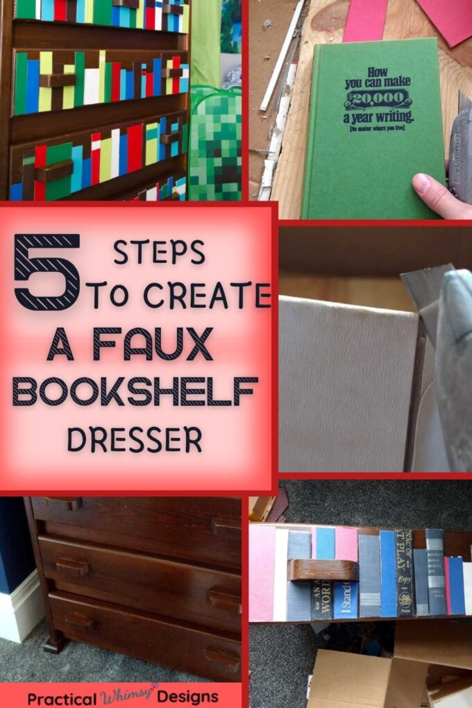 Pictures showing steps to create a faux bookshelf dresser.