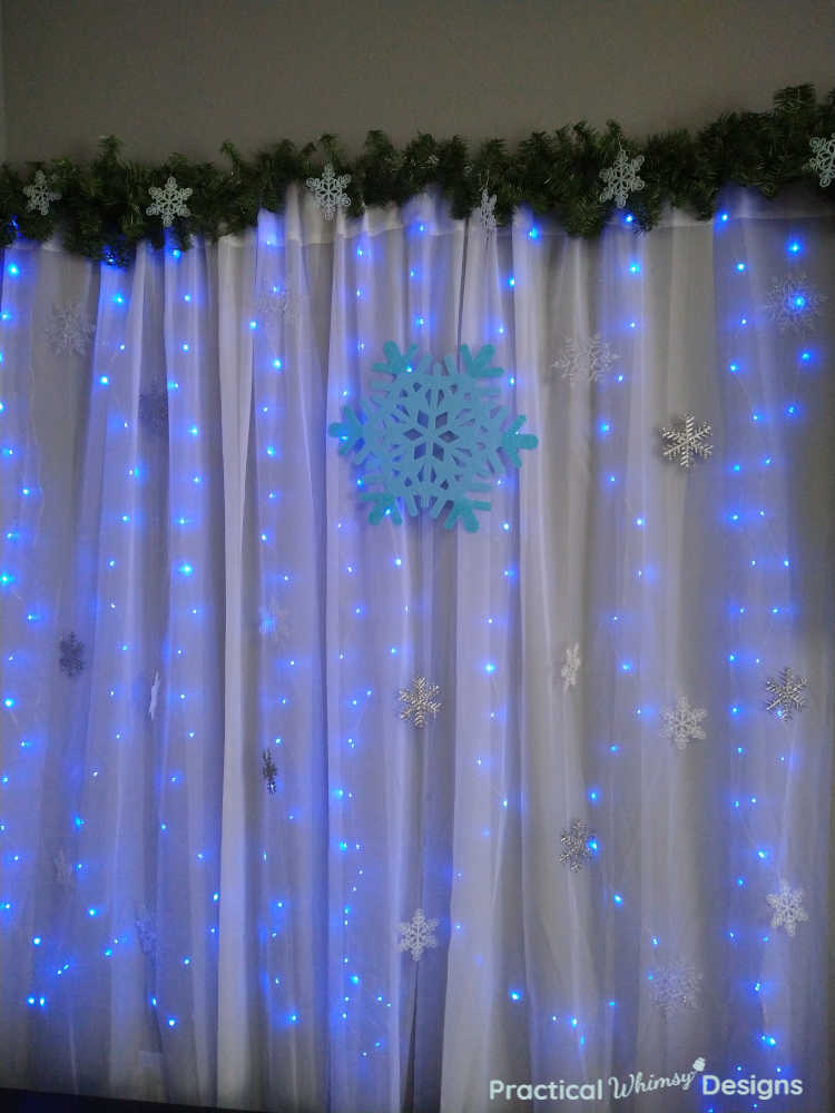 Lighted Curtain with blue lights and snowflakes