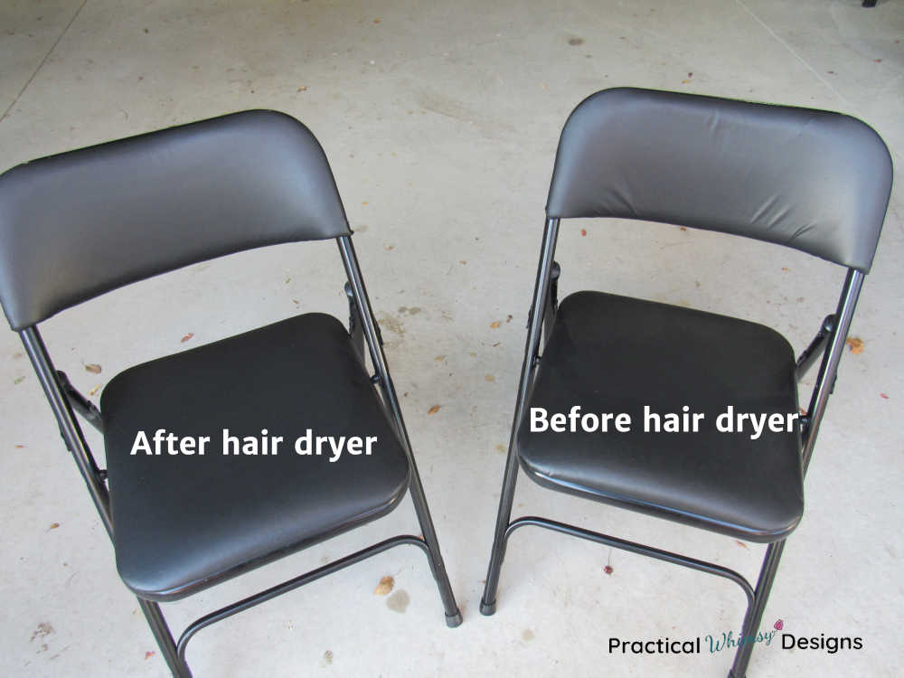 Black vinyl chairs before and after smoothing wrinkles with a hair dryer