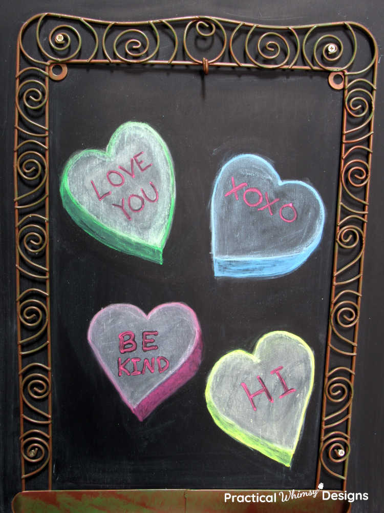 4 3D Chalk Conversation Hearts on chalkboard