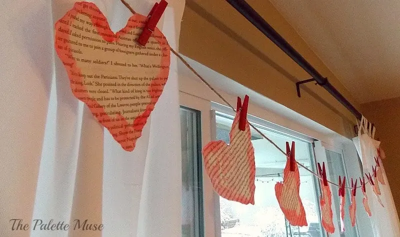 Watercolor heart garland made from book pages.