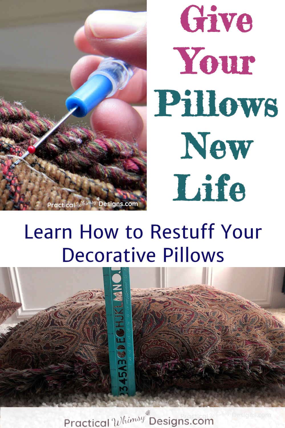 Give your pillows new life text with hands seam ripping pillow