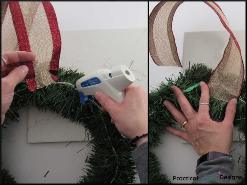 Hot gluing ribbon on back of 12 inch pine wreath
