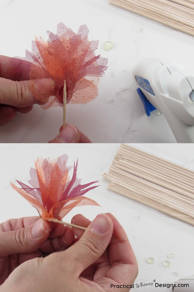 Showing how to make fabric flowers by adding leaves onto the flower to act as petals.