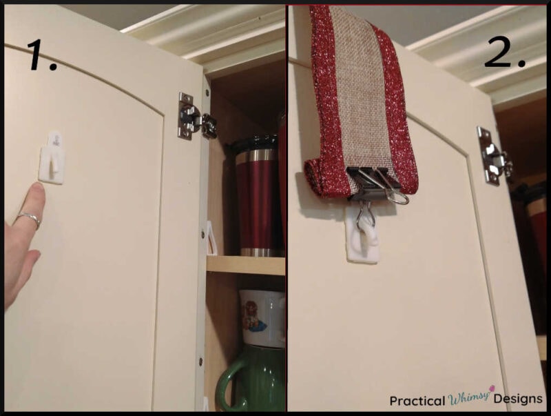 Hanging command hook on inside of cabinets for wreath