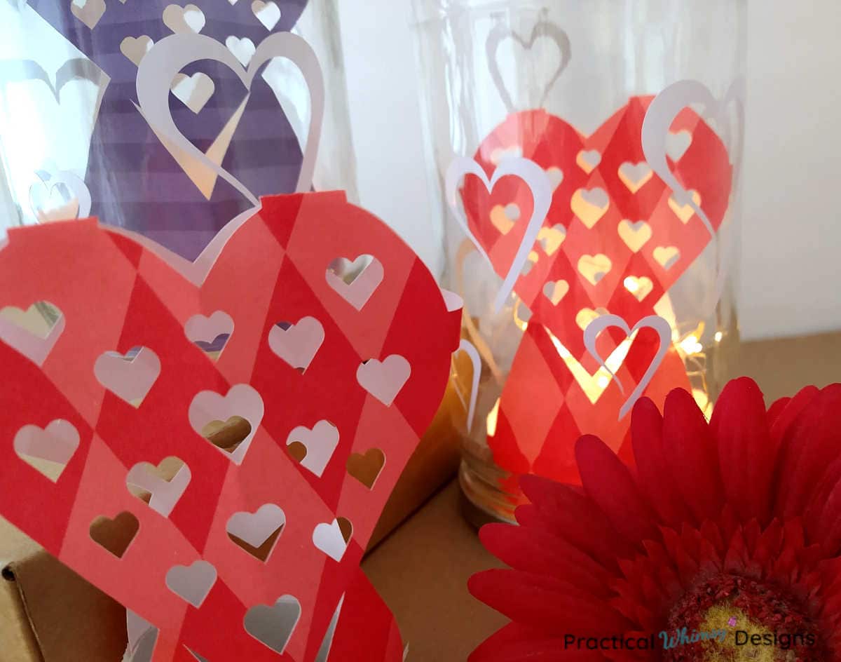 Heart decorative jar luminaries with red flower