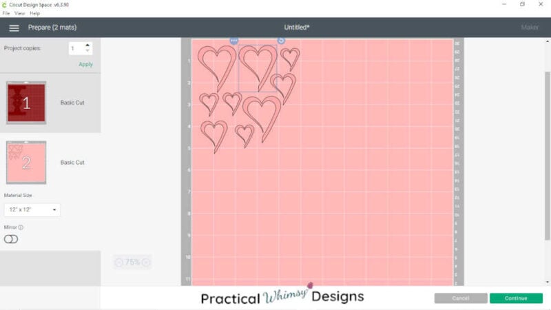 Cutting layers of heart luminary on Cricut design space.