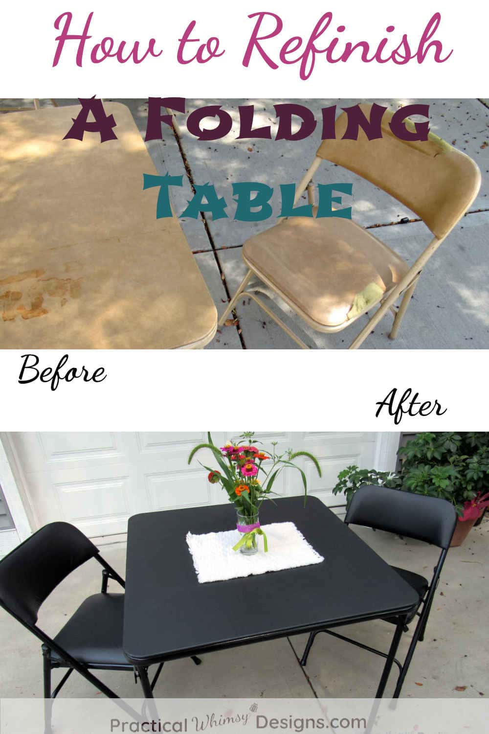 How to Refinish a Folding Table before and after pictures of table and chairs