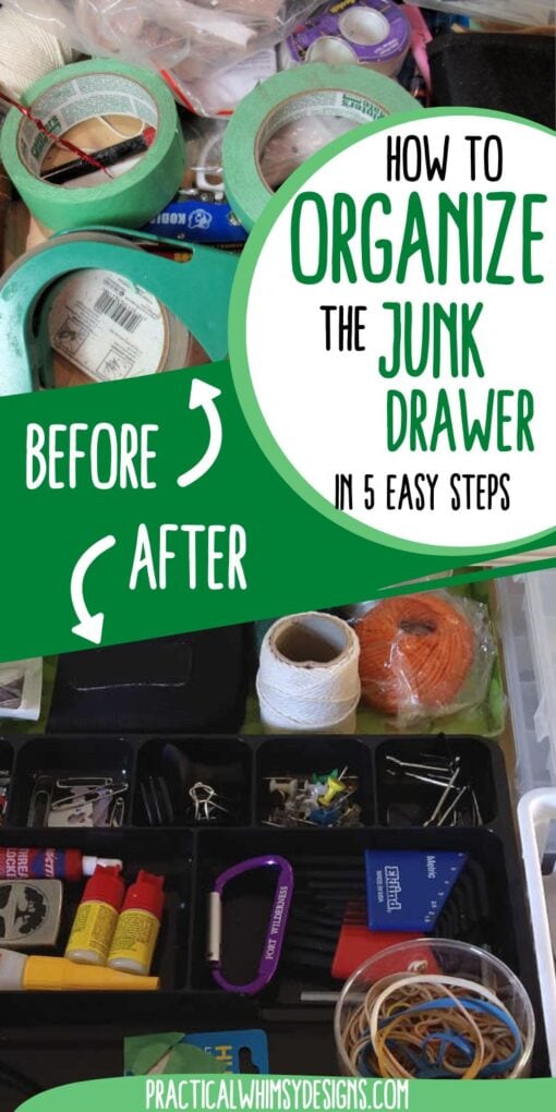 Before and after picture of an organized junk drawer