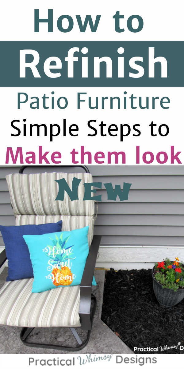 How to refinish patio furniture: patio chair with pillows and cushion sitting next to flowers