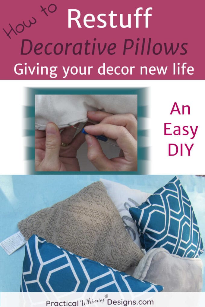 Decorative pillows and seam ripper showing how to restuff decorative pillows.