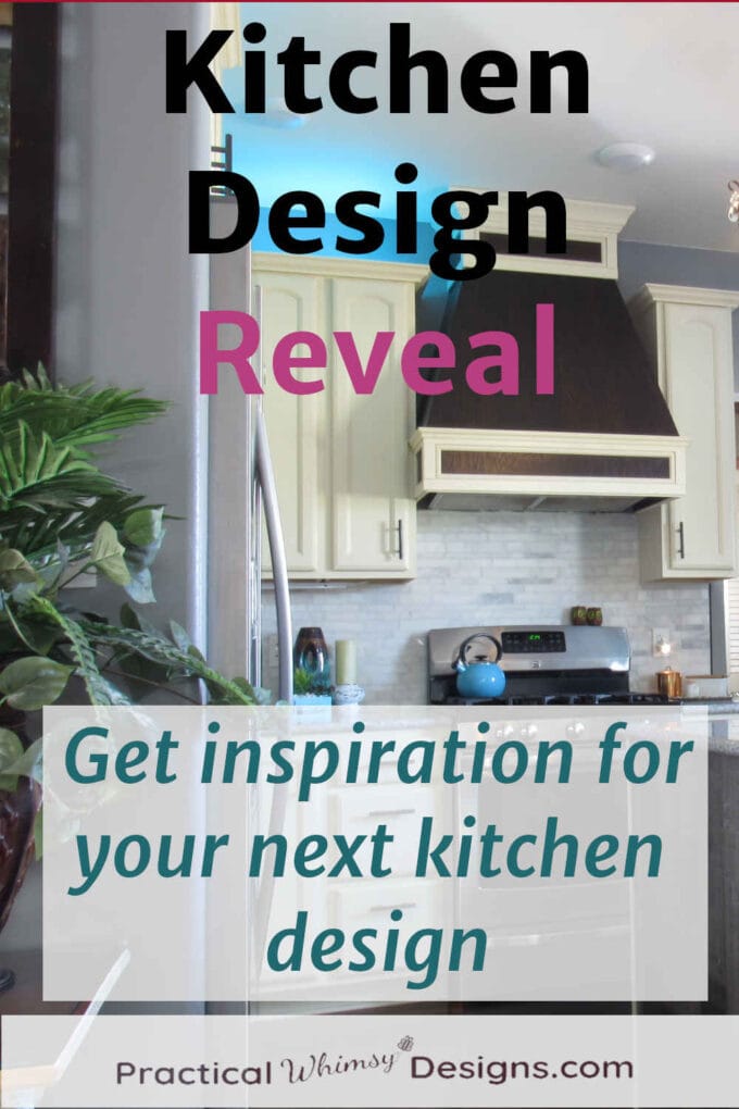 Kitchen design reveal: kitchen with white cabinets and custom wood vent over stove.