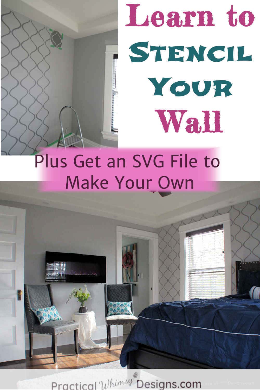 Learn to stencil your wall: grey wall with painted stencil in master bedroom