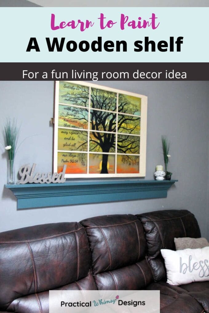 Learn to Paint a wooden shelf: Blue wooden shelf and picture on wall