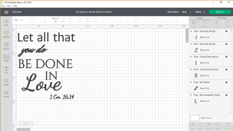 Text for love sign laid out on Cricut Design Space
