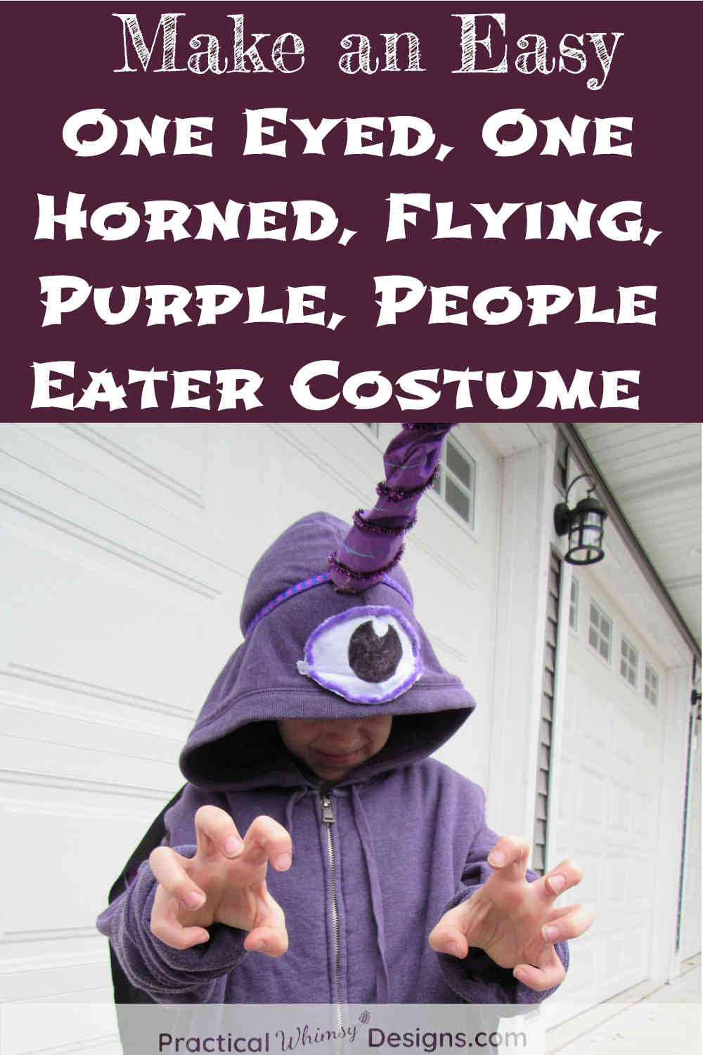 Little boy in DIY One Eyed, One Horned, Flying, Purple, People Eater Costume