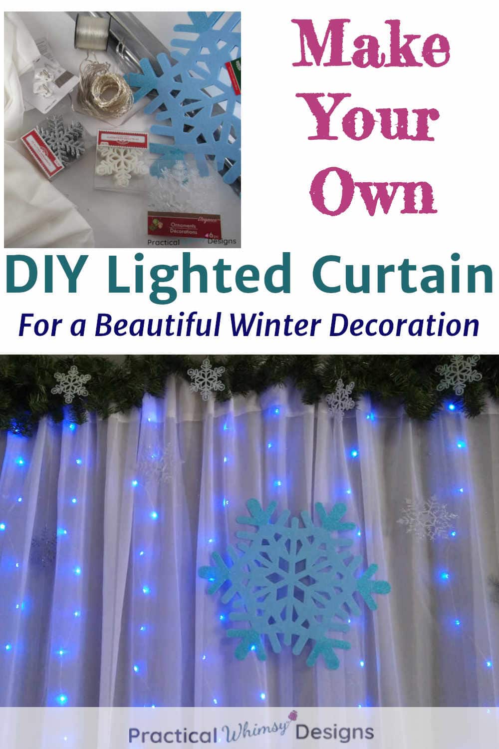 Make your own lighted snowflake curtain, Picture of supplies and finished curtain